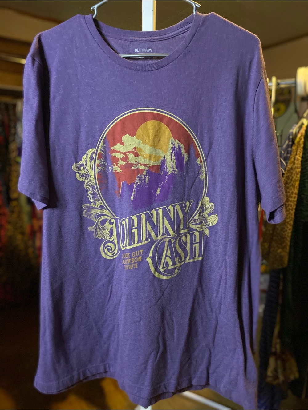 Johnny Cash Graphic Tee with Gold & Red Mountains & Sun ‘Look out Jackson Town’
